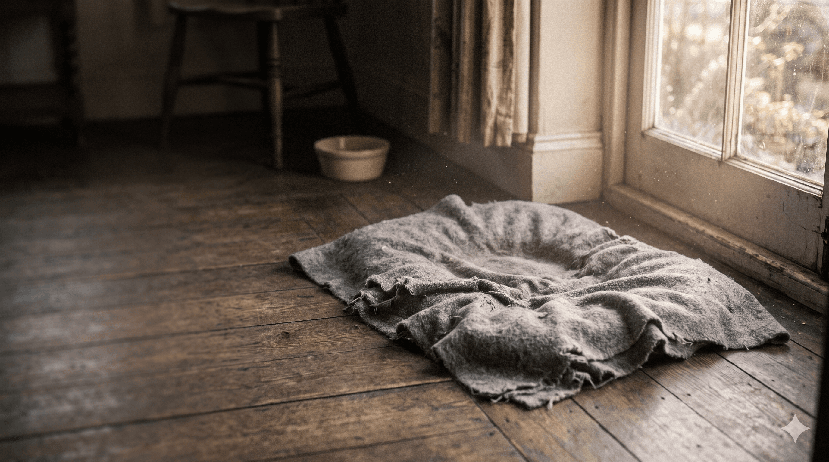 A folded, empty pet blanket on a wooden floor by a window, with a bowl and chair in the background.